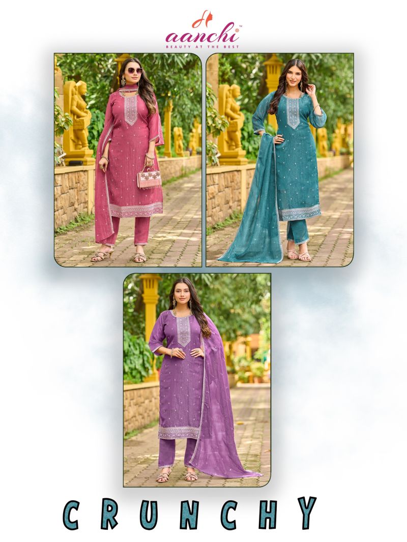 Aanchi Crunchy Vol 1 Crunchy Embroidered Kurti With Bottom Dupatta Collection — Wholesale Kurtis, Aanchi Kurtis Catalog wholesale from Surat — Photo 4