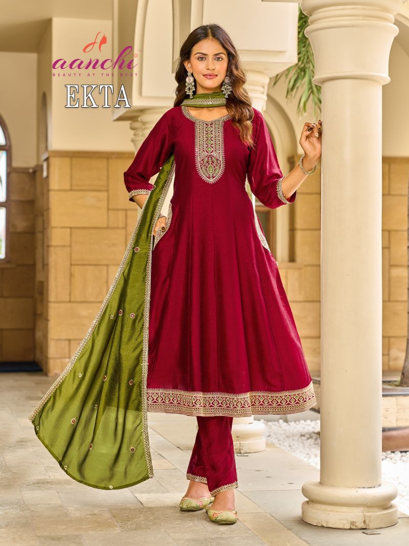 Aanchi Ekta Vichitra Silk Embroidered Anarkali Kurti With Bottom Dupatta Catalog — Wholesale Kurtis, Aanchi Kurtis Catalog wholesale from Surat — Photo 3