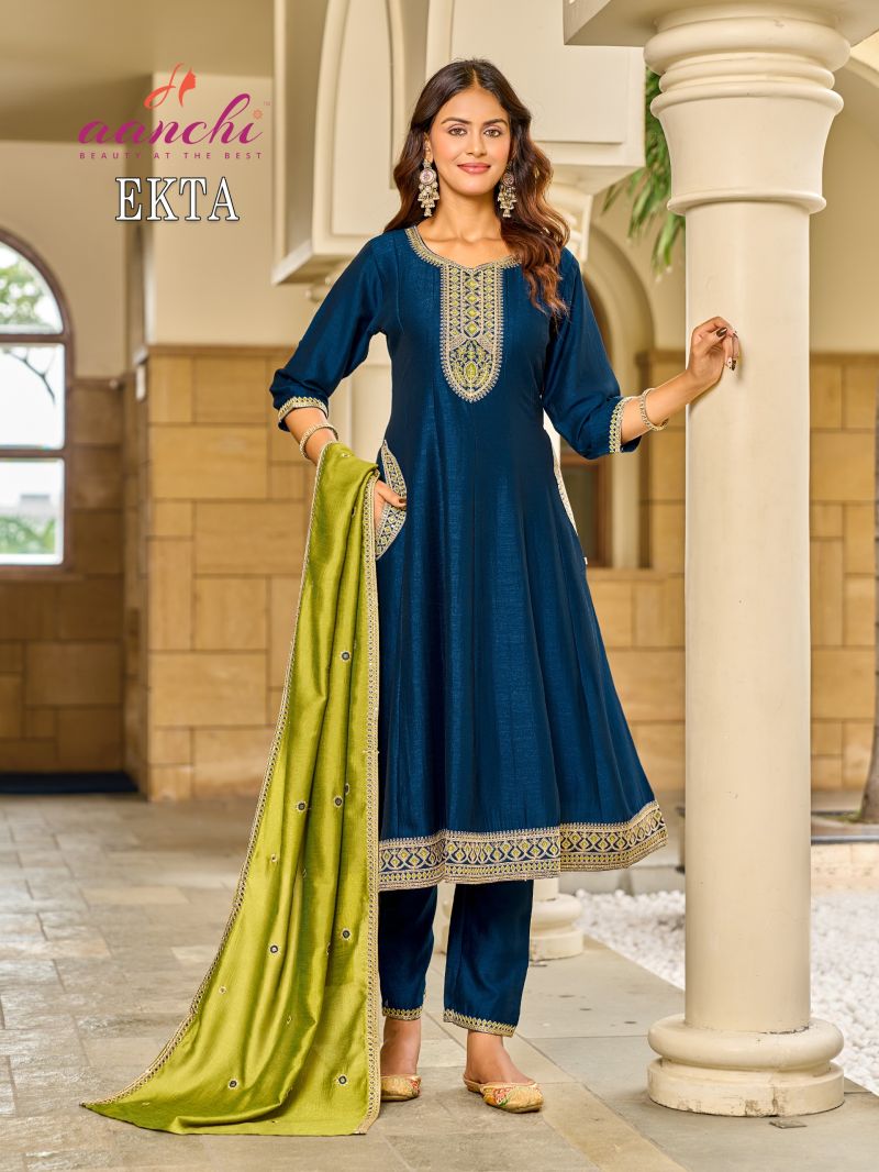 Aanchi Ekta Vichitra Silk Embroidered Anarkali Kurti With Bottom Dupatta Catalog — Wholesale Kurtis, Aanchi Kurtis Catalog wholesale from Surat — Photo 2