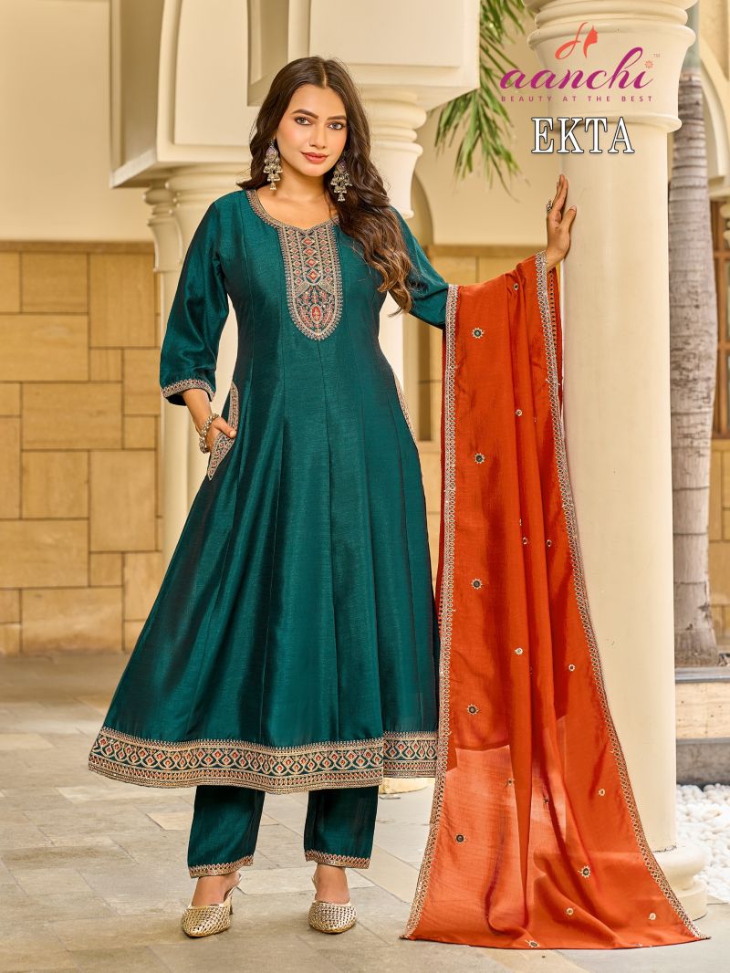 Aanchi Ekta Vichitra Silk Embroidered Anarkali Kurti With Bottom Dupatta Catalog