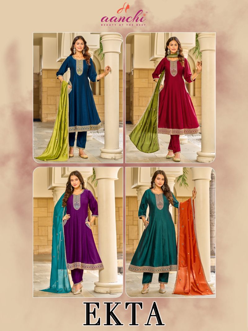 Aanchi Ekta Vichitra Silk Embroidered Anarkali Kurti With Bottom Dupatta Catalog — Wholesale Kurtis, Aanchi Kurtis Catalog wholesale from Surat — Photo 5
