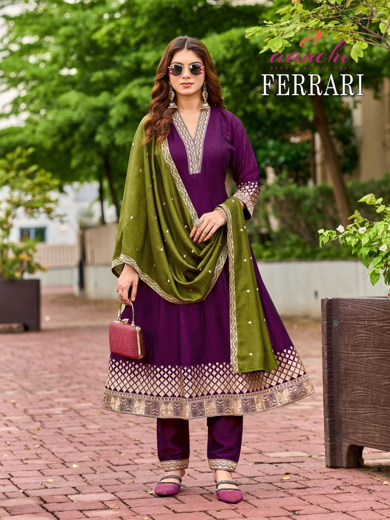 Aanchi Ferrari Vichitra Silk Embroidered Anarkali Kurti With Bottom Dupatta Catalog — Wholesale Kurtis, Aanchi Kurtis Catalog wholesale from Surat — Photo 2