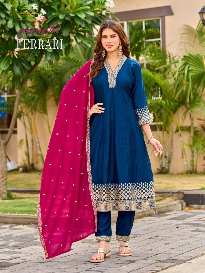 Aanchi Ferrari Vichitra Silk Embroidered Anarkali Kurti With Bottom Dupatta Catalog