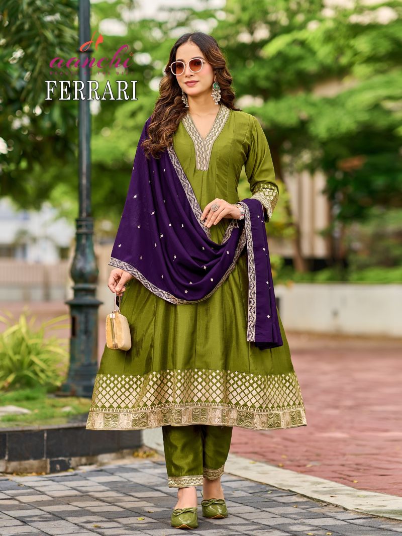 Aanchi Ferrari Vichitra Silk Embroidered Anarkali Kurti With Bottom Dupatta Catalog — Wholesale Kurtis, Aanchi Kurtis Catalog wholesale from Surat — Photo 4