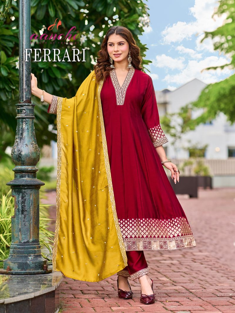 Aanchi Ferrari Vichitra Silk Embroidered Anarkali Kurti With Bottom Dupatta Catalog — Wholesale Kurtis, Aanchi Kurtis Catalog wholesale from Surat — Photo 3