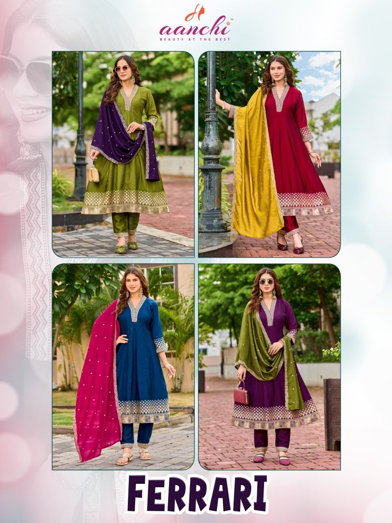 Aanchi Ferrari Vichitra Silk Embroidered Anarkali Kurti With Bottom Dupatta Catalog — Wholesale Kurtis, Aanchi Kurtis Catalog wholesale from Surat — Photo 5