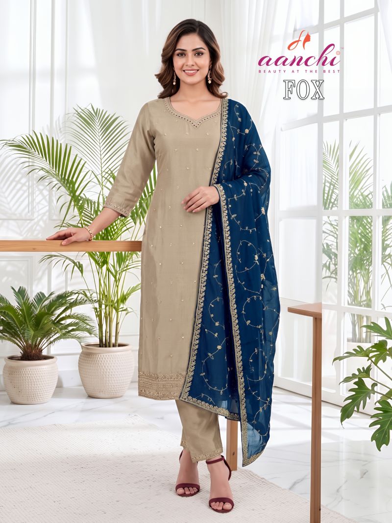 Aanchi Fox Wholesale Vichitra Silk Embroidered Kurti With Bottom Dupatta Collection — Wholesale Kurtis, Aanchi Kurtis Catalog wholesale from Surat — Photo 4