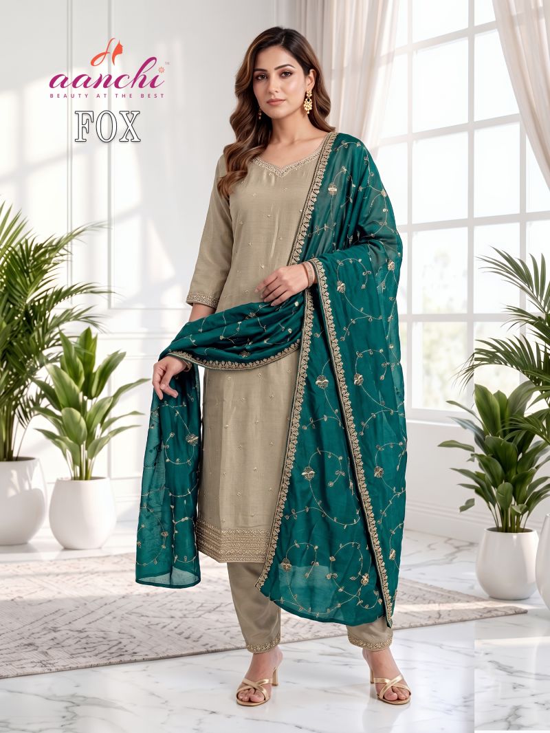Aanchi Fox Wholesale Vichitra Silk Embroidered Kurti With Bottom Dupatta Collection — Wholesale Kurtis, Aanchi Kurtis Catalog wholesale from Surat — Photo 3