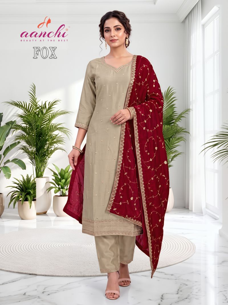 Aanchi Fox Wholesale Vichitra Silk Embroidered Kurti With Bottom Dupatta Collection