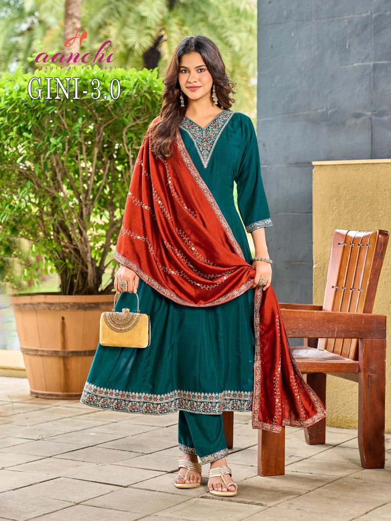 Aanchi Gini Vol 3 Vichitra Silk Embroidered Anarkali Kurti With Bottom Dupatta Catalog — Wholesale Kurtis, Aanchi Kurtis Catalog wholesale from Surat — view 2