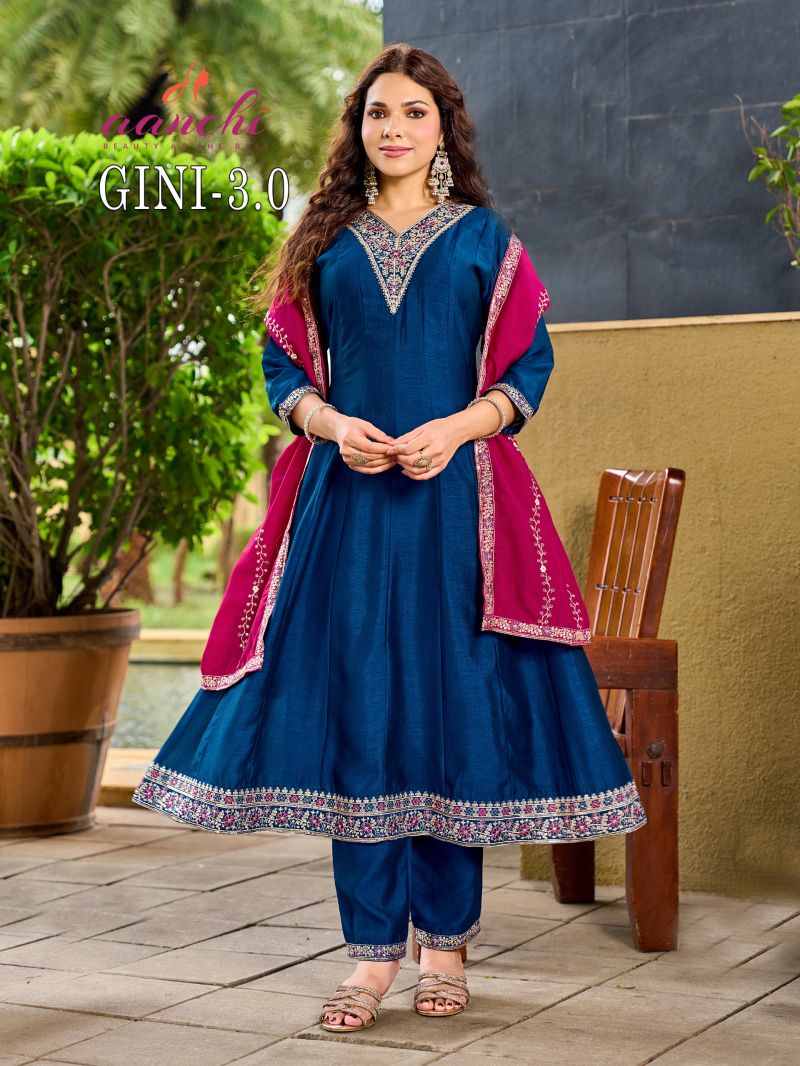 Aanchi Gini Vol 3 Vichitra Silk Embroidered Anarkali Kurti With Bottom Dupatta Catalog — Wholesale Kurtis, Aanchi Kurtis Catalog wholesale from Surat — view 5