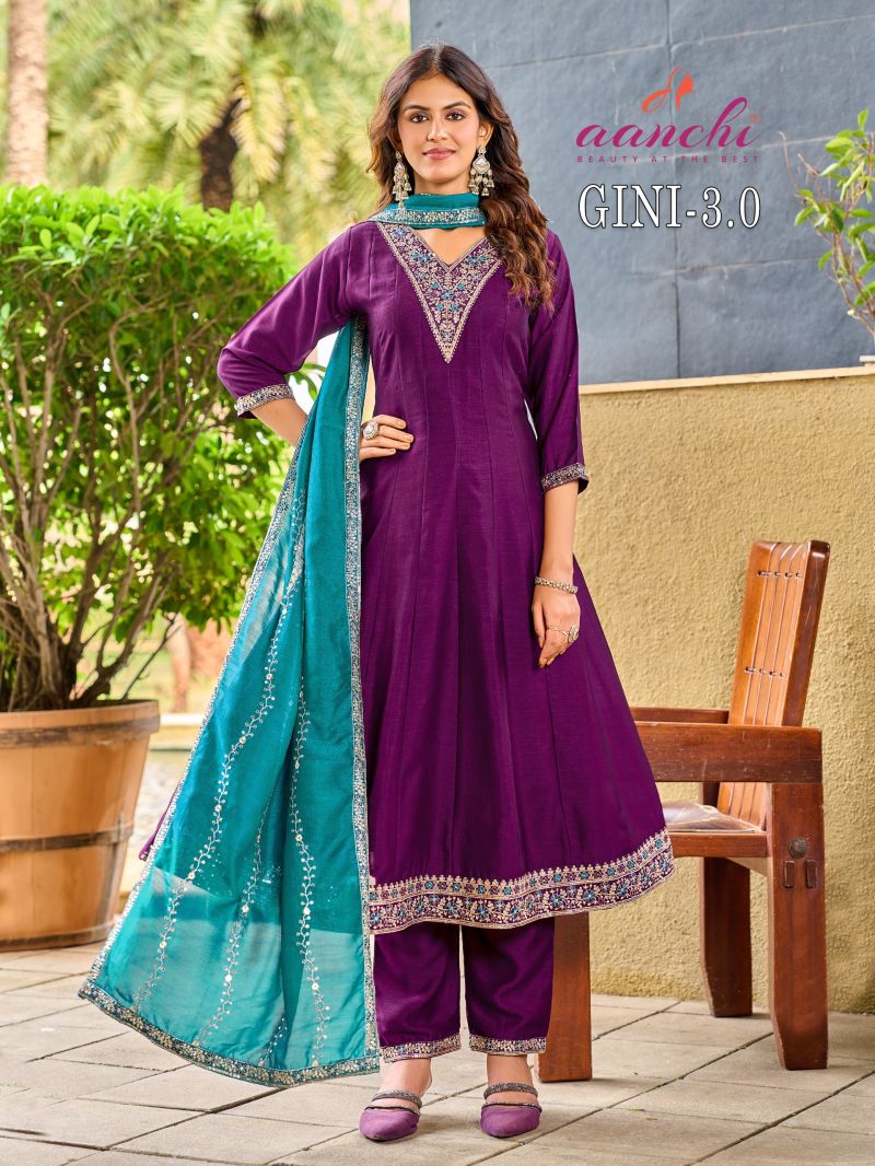 Aanchi Gini Vol 3 Vichitra Silk Embroidered Anarkali Kurti With Bottom Dupatta Catalog