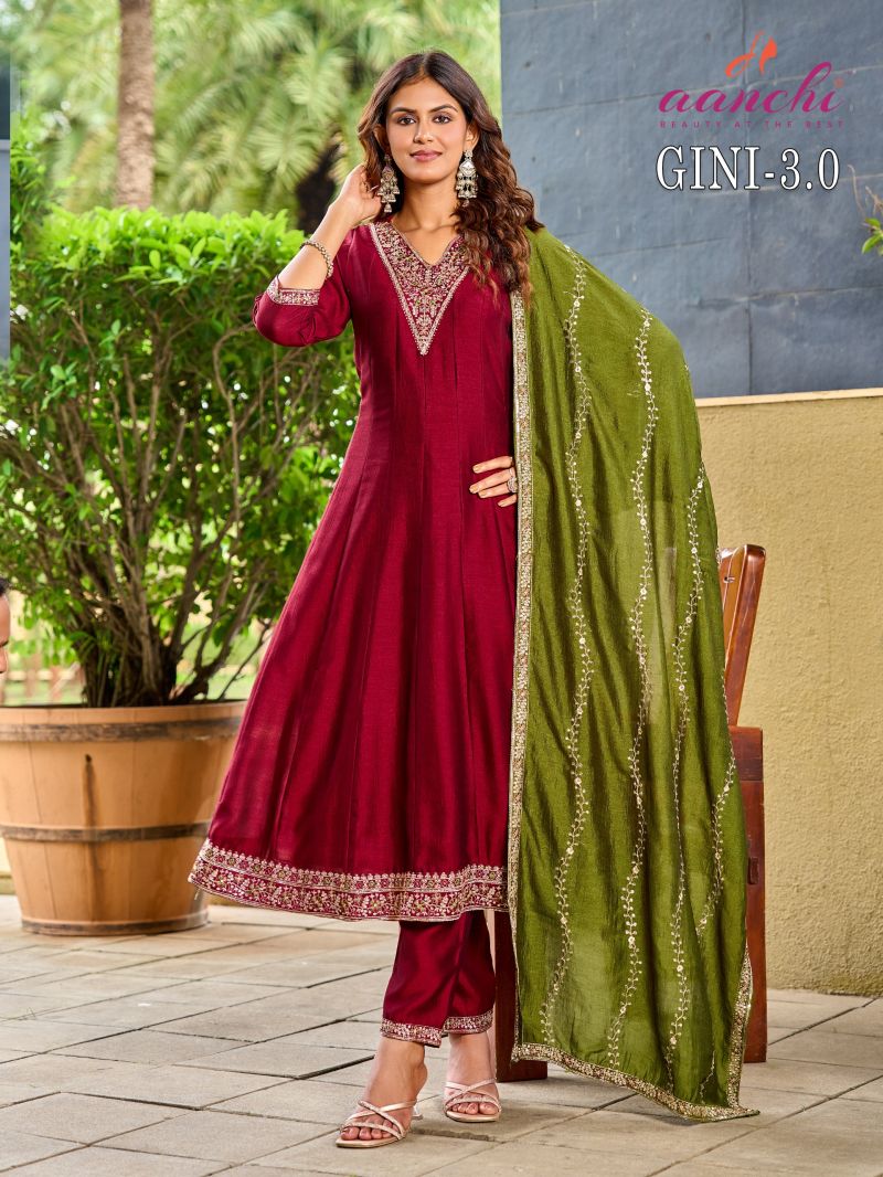 Aanchi Gini Vol 3 Vichitra Silk Embroidered Anarkali Kurti With Bottom Dupatta Catalog — Wholesale Kurtis, Aanchi Kurtis Catalog wholesale from Surat — view 4