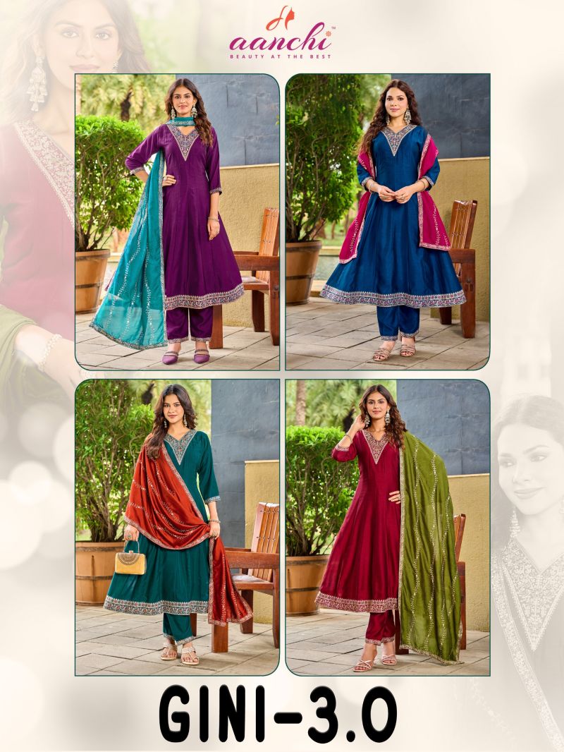 Aanchi Gini Vol 3 Vichitra Silk Embroidered Anarkali Kurti With Bottom Dupatta Catalog — Wholesale Kurtis, Aanchi Kurtis Catalog wholesale from Surat — view 3