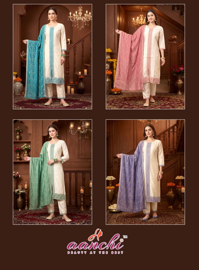 Aanchi Kaashi Vichitra Silk Embroidered Anarkali Kurti With Bottom Dupatta Catalog — Wholesale Kurtis, Aanchi Kurtis Catalog wholesale from Surat — Photo 5