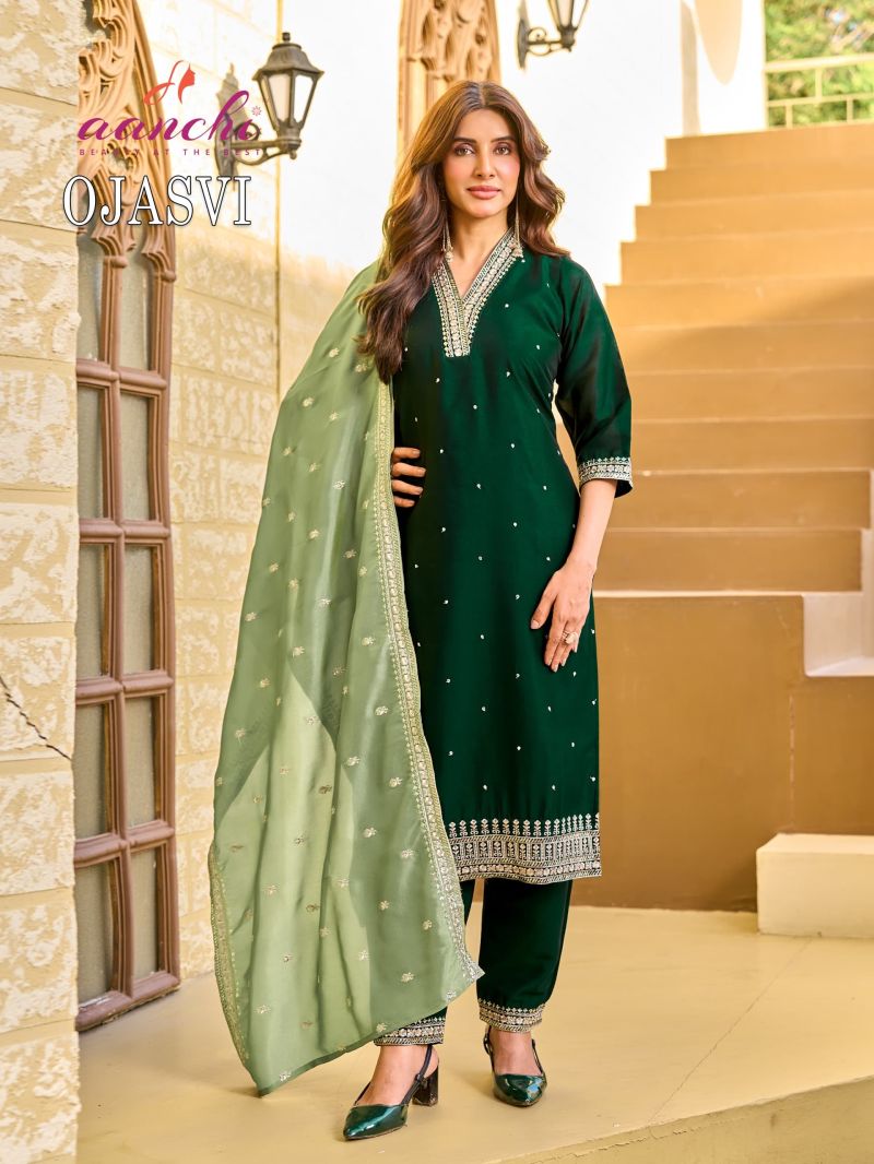 Aanchi Ojasvi Wholesale Crystal Silk Embroidered Kurti With Bottom Dupatta Catalog — Wholesale Kurtis, Aanchi Kurtis Catalog wholesale from Surat — Photo 3