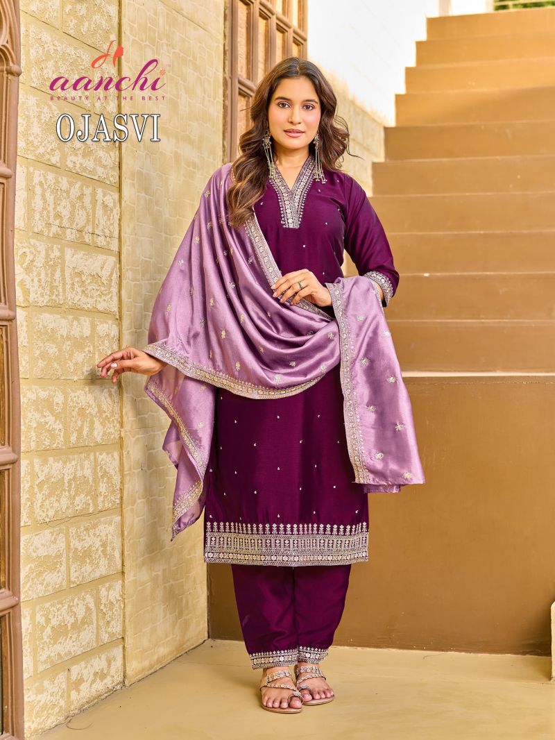 Aanchi Ojasvi Wholesale Crystal Silk Embroidered Kurti With Bottom Dupatta Catalog — Wholesale Kurtis, Aanchi Kurtis Catalog wholesale from Surat — Photo 2