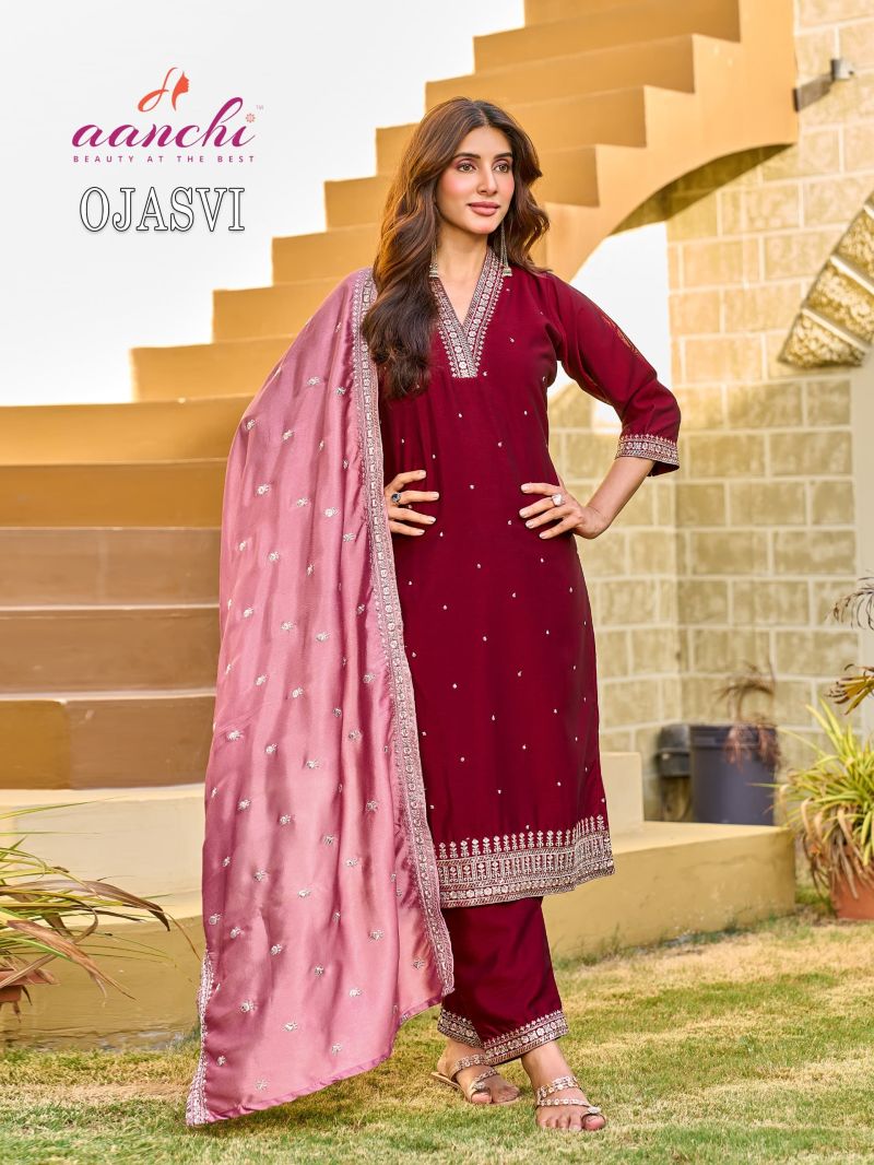 Aanchi Ojasvi Wholesale Crystal Silk Embroidered Kurti With Bottom Dupatta Catalog