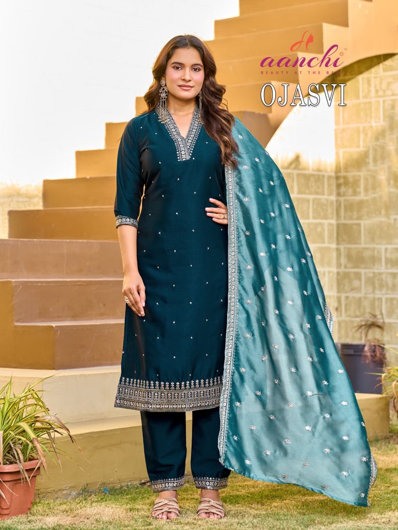 Aanchi Ojasvi Wholesale Crystal Silk Embroidered Kurti With Bottom Dupatta Catalog — Wholesale Kurtis, Aanchi Kurtis Catalog wholesale from Surat — Photo 5