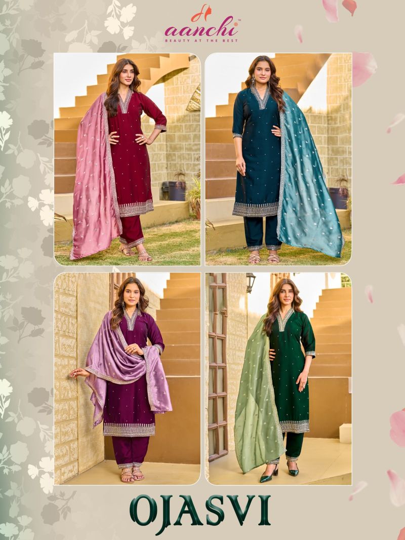 Aanchi Ojasvi Wholesale Crystal Silk Embroidered Kurti With Bottom Dupatta Catalog — Wholesale Kurtis, Aanchi Kurtis Catalog wholesale from Surat — Photo 4