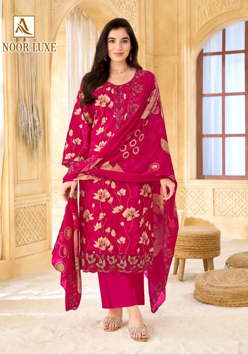 Alok Noor Luxe Cambric Cotton Foil Print Embroidered Dress Material Collection