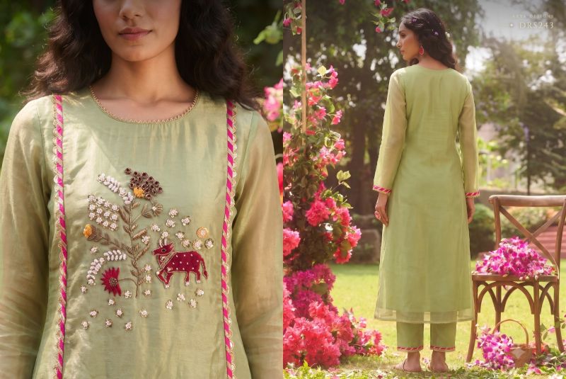 Arya Baagh Tissue Hand Work Fancy Kurti With Bottom Collection — Wholesale Kurti Pant Set, Arya Designs wholesale from Surat — view 5