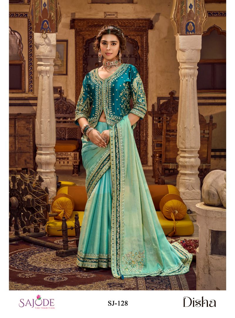 Disha Silk Viscose Linen Embroidered Party Wear Saree Catalog — Designer Partywear Sarees, Vardan Ethnic wholesale from Surat — view 3