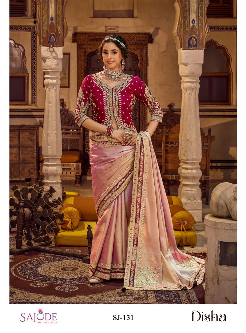 Disha Silk Viscose Linen Embroidered Party Wear Saree Catalog — Designer Partywear Sarees, Vardan Ethnic wholesale from Surat — view 4
