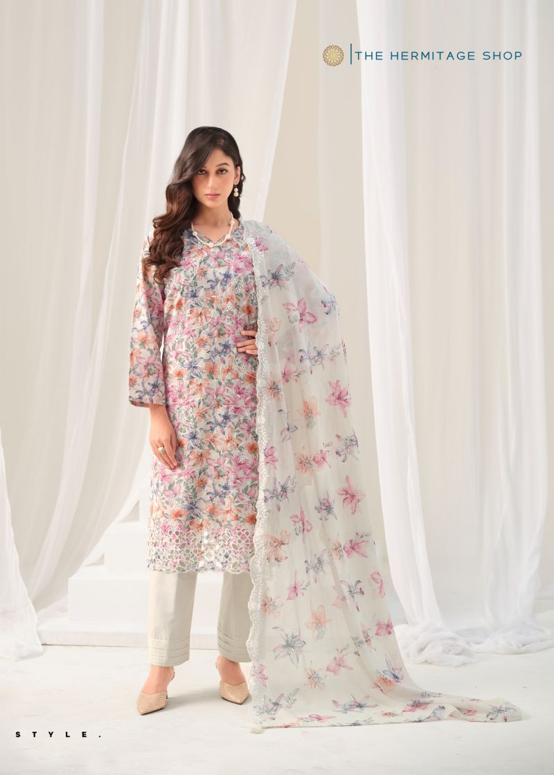 Hermitage Simroon Lawn Cotton Print With Schiffli Embroidered Dress Material Catalog