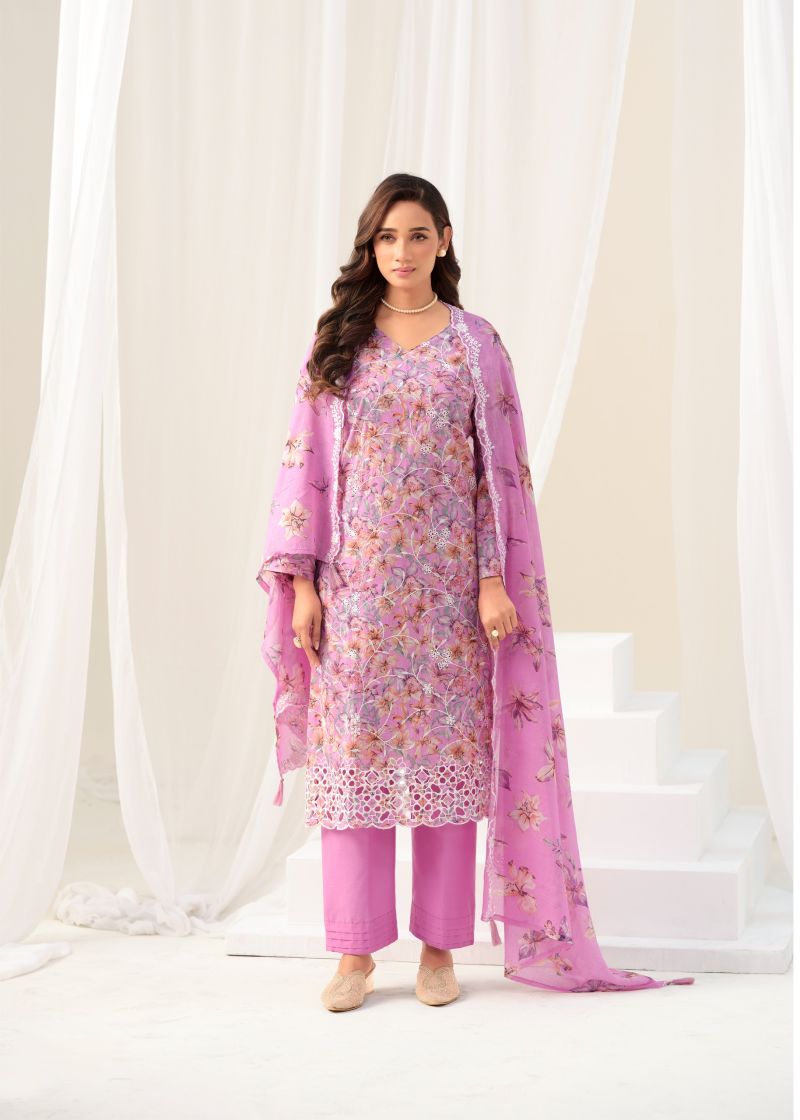 Hermitage Simroon Lawn Cotton Print With Schiffli Embroidered Dress Material Catalog — Wholesale Salwar Suits, Hermitage wholesale from Surat — view 4
