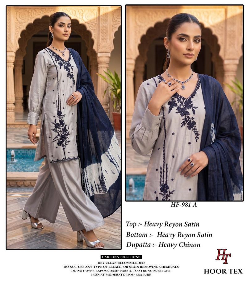 Hoor Tex 981 A To D Rayon Satin Embroidered Designer Salwar Kameez Catalog