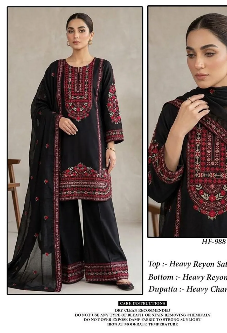 Hoor Tex 988 A To C Rayon Satin Embroidered Salwar Kameez Catalog