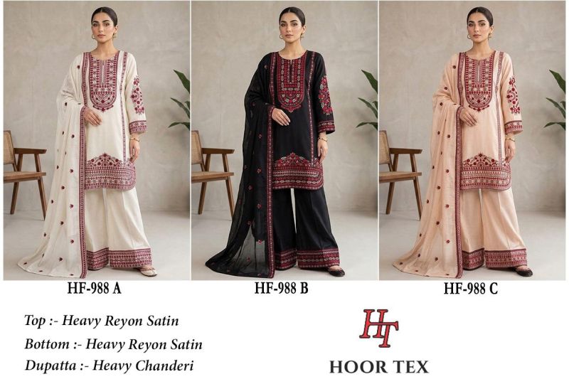 Hoor Tex 988 A To C Rayon Satin Embroidered Salwar Kameez Catalog — Wholesale Salwar Suits, hoor Tex wholesale from Surat — Photo 8
