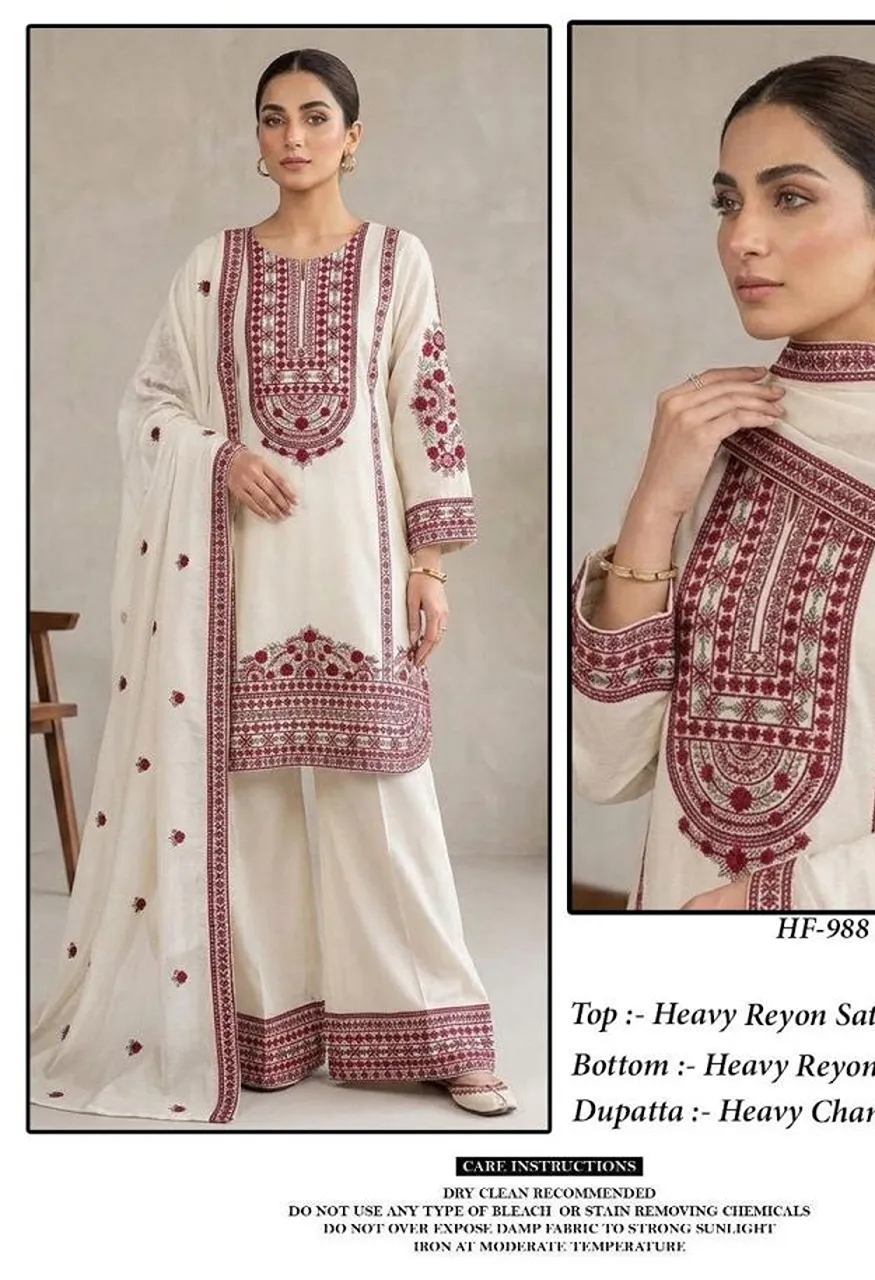 Hoor Tex 988 A To C Rayon Satin Embroidered Salwar Kameez Catalog — Wholesale Salwar Suits, hoor Tex wholesale from Surat — Photo 2