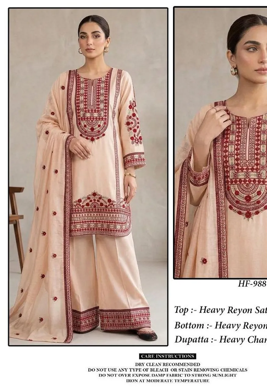 Hoor Tex 988 A To C Rayon Satin Embroidered Salwar Kameez Catalog — Wholesale Salwar Suits, hoor Tex wholesale from Surat — Photo 6