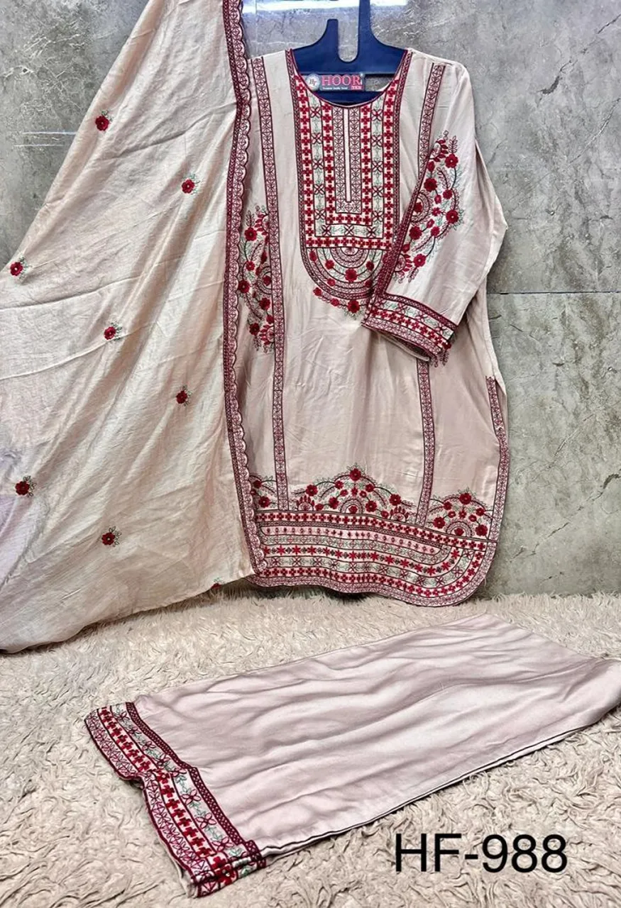 Hoor Tex 988 A To C Rayon Satin Embroidered Salwar Kameez Catalog — Wholesale Salwar Suits, hoor Tex wholesale from Surat — Photo 7