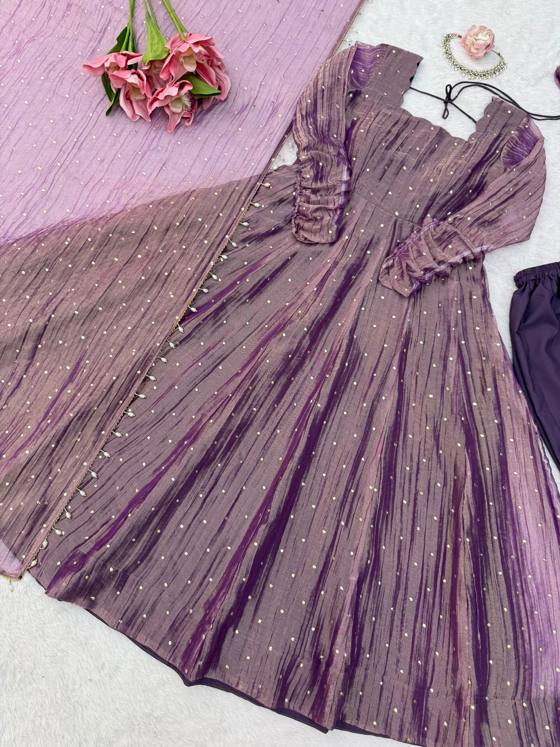 KD 1641 Foil Work Set Salsa Silk Gown With Bottom Dupatta Collection — Wholesale Kurtis, Vardan Ethnic wholesale from Surat — Photo 9