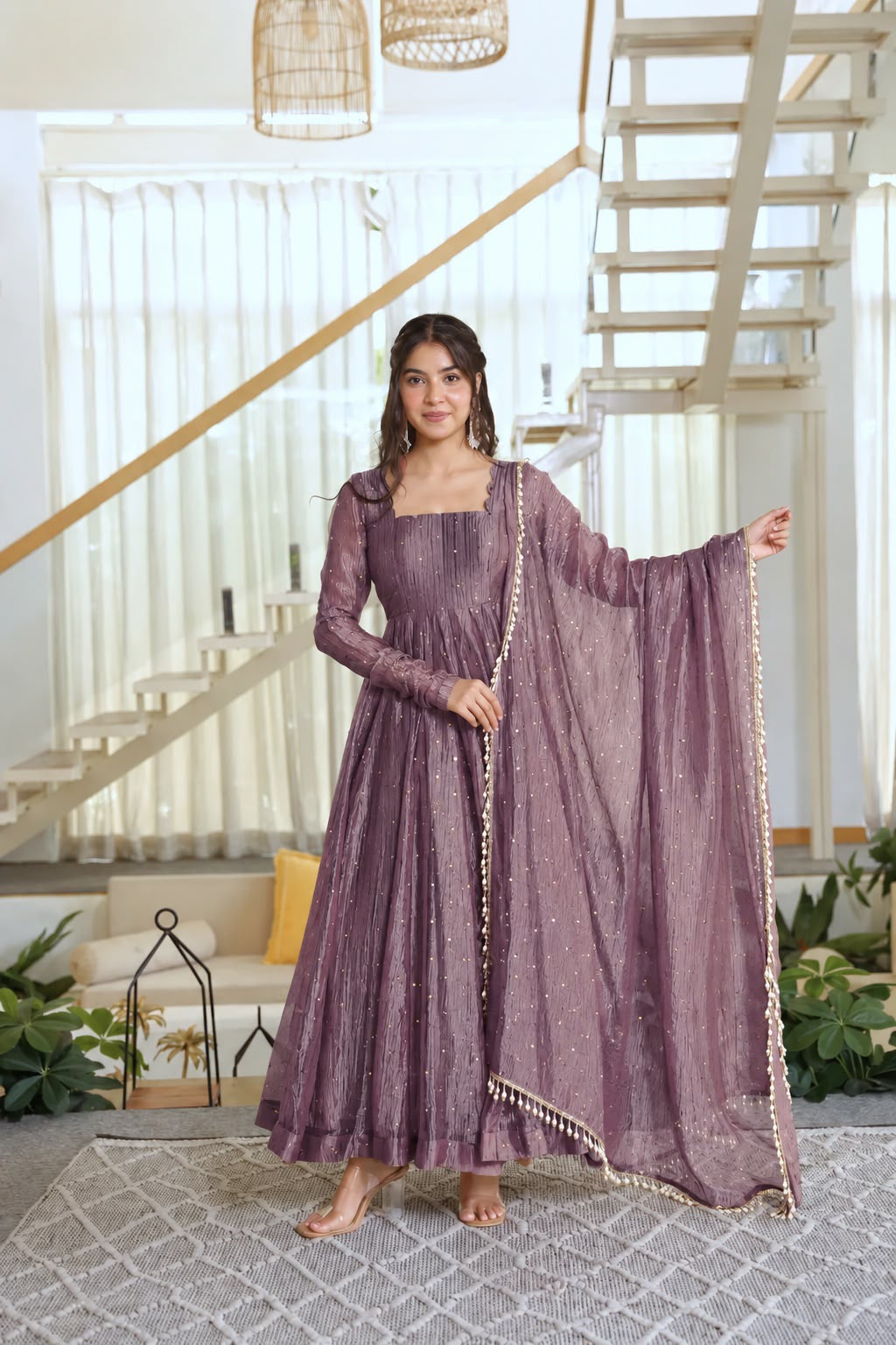 KD 1641 Foil Work Set Salsa Silk Gown With Bottom Dupatta Collection