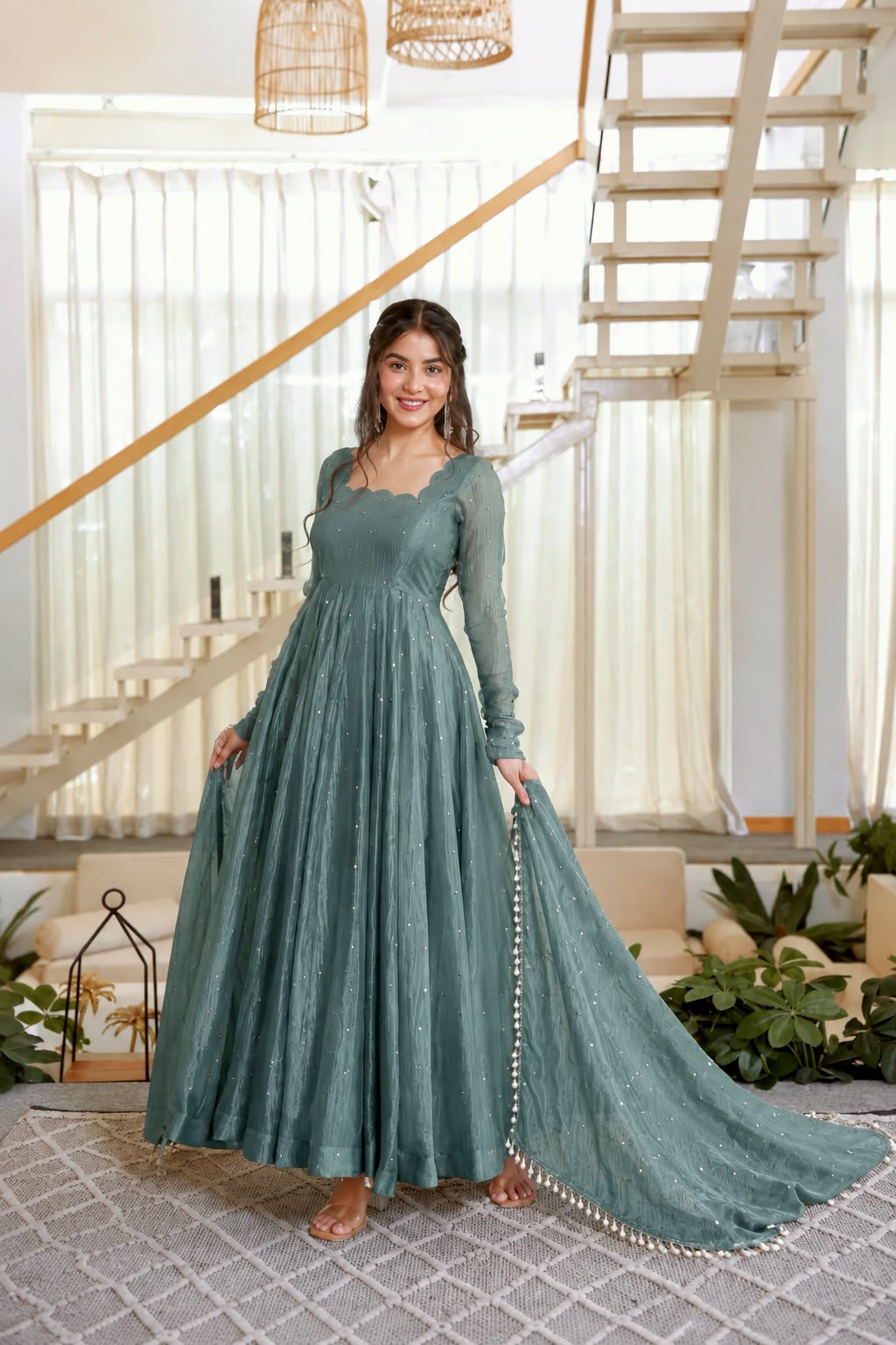 KD 1641 Foil Work Set Salsa Silk Gown With Bottom Dupatta Collection — Wholesale Kurtis, Vardan Ethnic wholesale from Surat — Photo 2