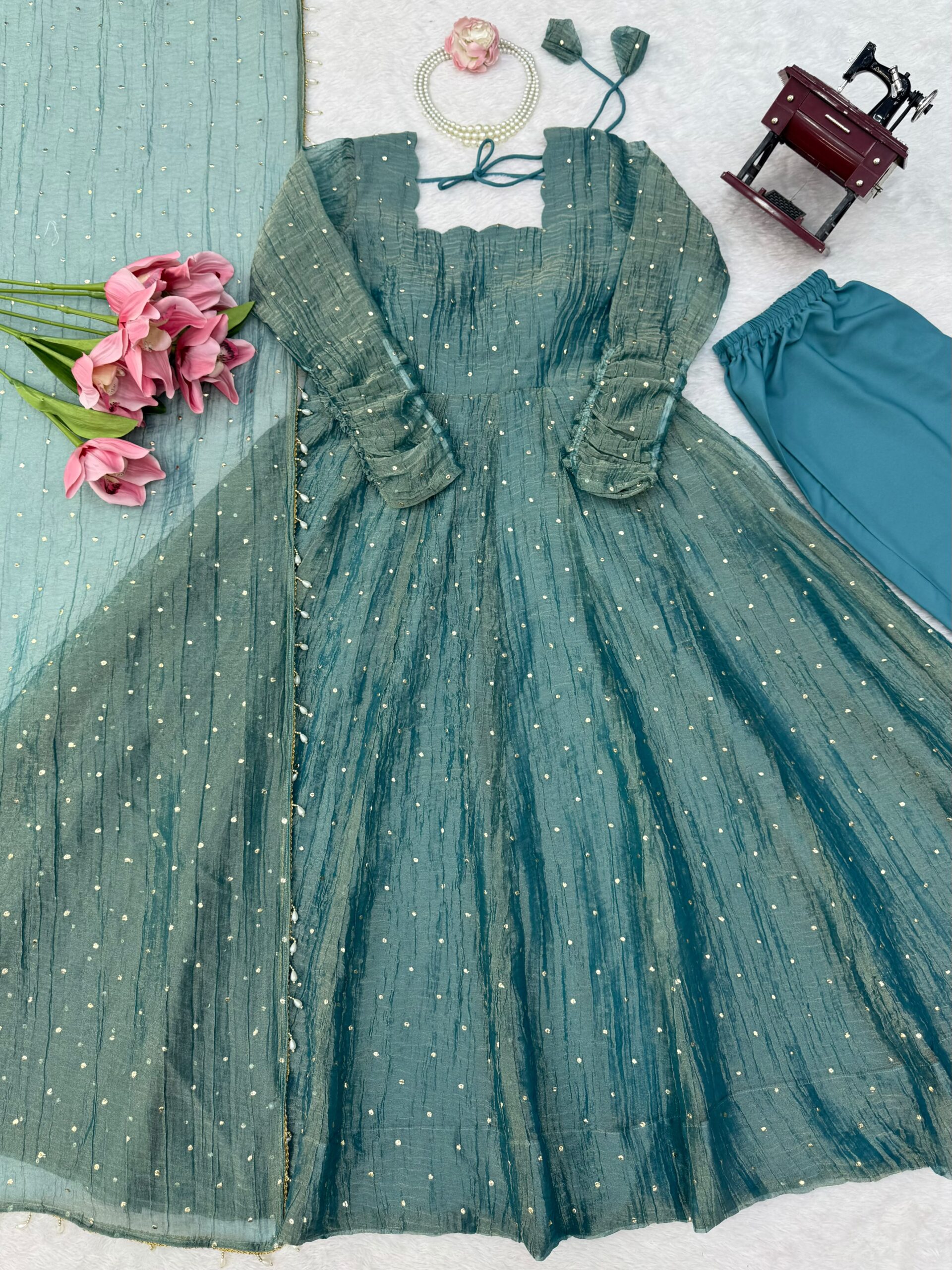 KD 1641 Foil Work Set Salsa Silk Gown With Bottom Dupatta Collection — Wholesale Kurtis, Vardan Ethnic wholesale from Surat — Photo 3