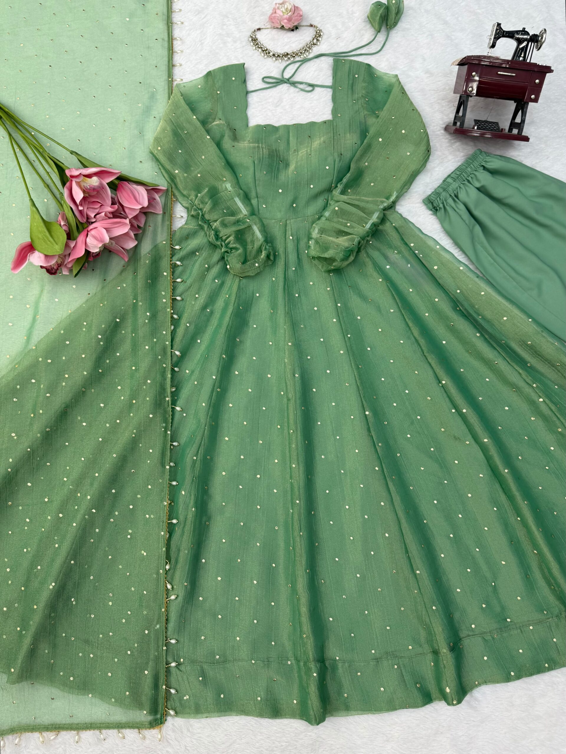 KD 1641 Foil Work Set Salsa Silk Gown With Bottom Dupatta Collection — Wholesale Kurtis, Vardan Ethnic wholesale from Surat — Photo 11