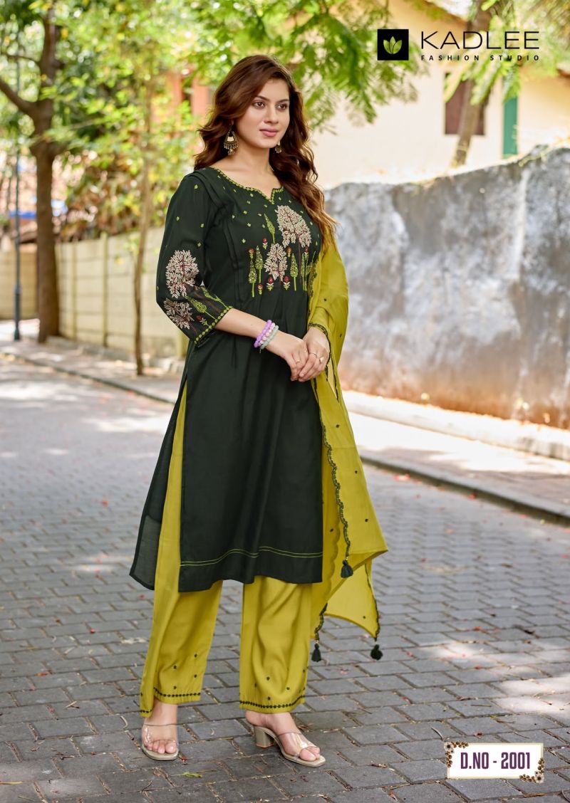 Kadlee Rajvee Roman Silk Hand And Thread Work Kurti With Bottom Dupatta Catalog — Wholesale Kurtis, Kadlee Fashion Studio wholesale from Surat — view 2