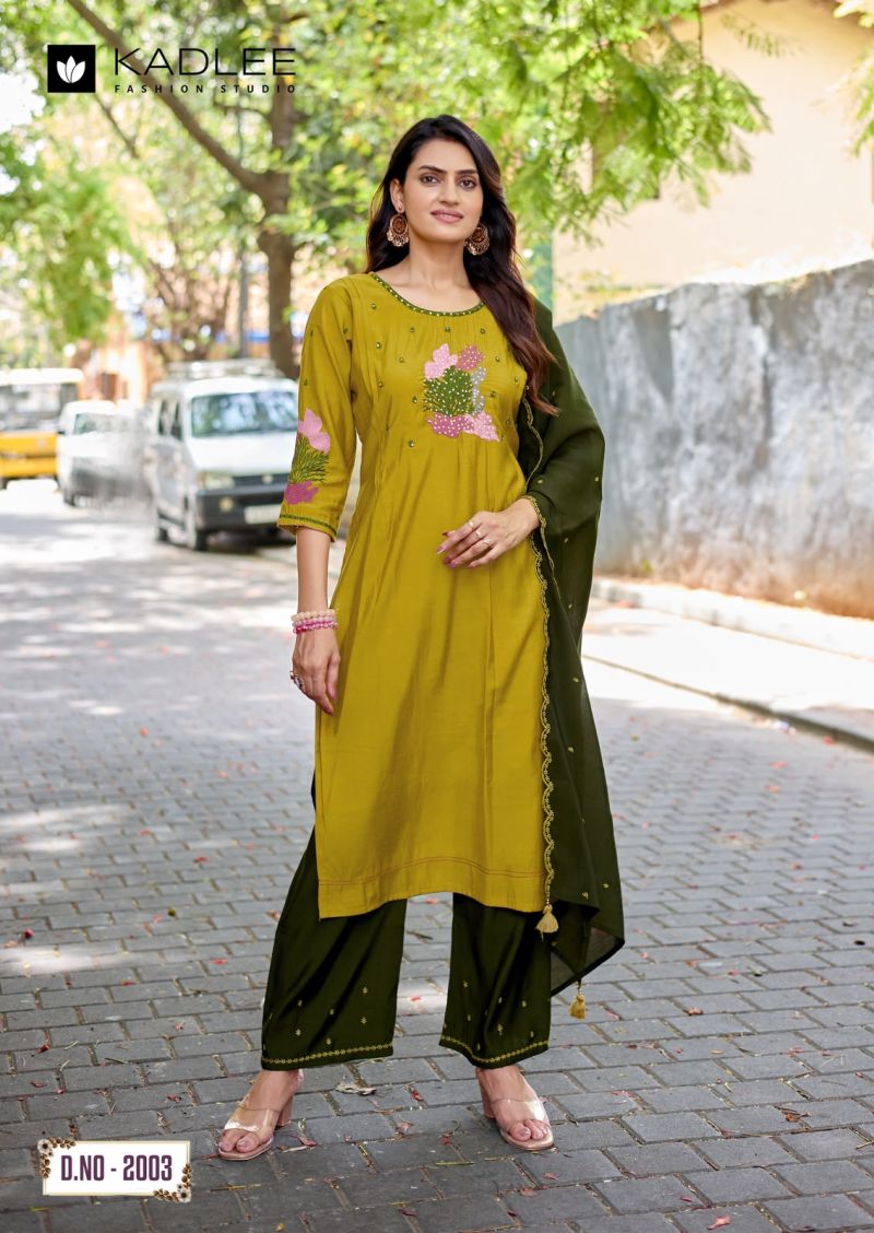 Kadlee Rajvee Roman Silk Hand And Thread Work Kurti With Bottom Dupatta Catalog — Wholesale Kurtis, Kadlee Fashion Studio wholesale from Surat — view 6