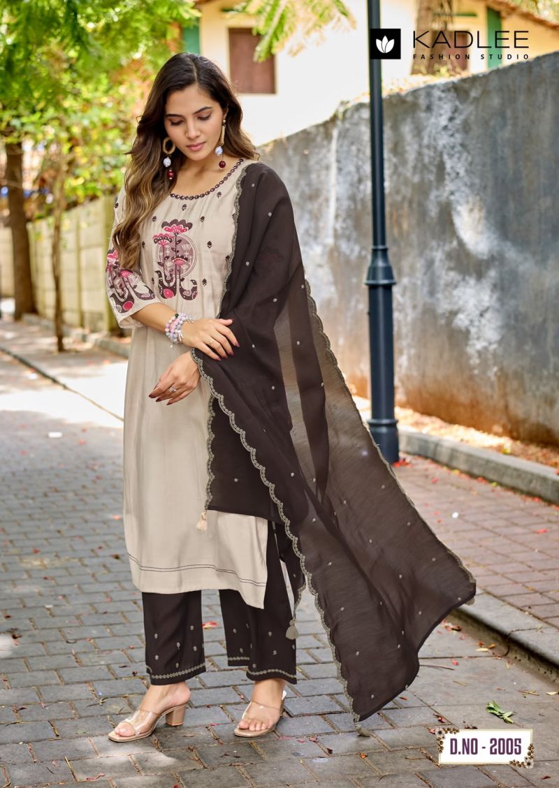 Kadlee Rajvee Roman Silk Hand And Thread Work Kurti With Bottom Dupatta Catalog