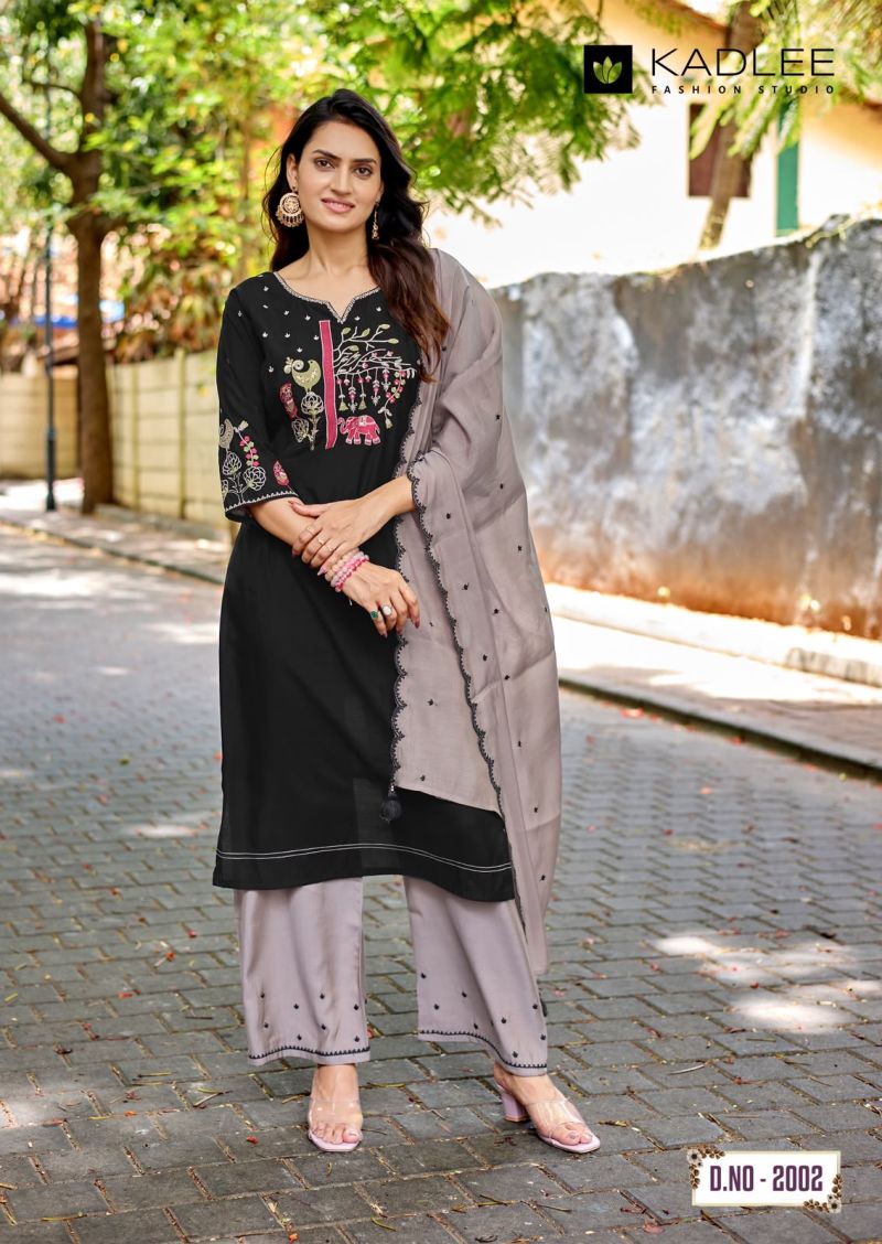 Kadlee Rajvee Roman Silk Hand And Thread Work Kurti With Bottom Dupatta Catalog — Wholesale Kurtis, Kadlee Fashion Studio wholesale from Surat — view 5