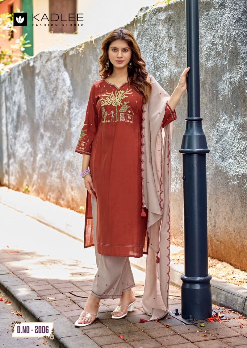 Kadlee Rajvee Roman Silk Hand And Thread Work Kurti With Bottom Dupatta Catalog — Wholesale Kurtis, Kadlee Fashion Studio wholesale from Surat — view 4