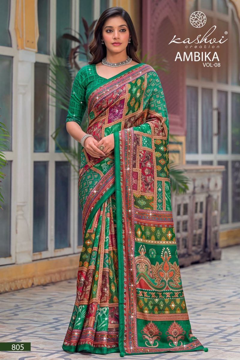 Kashvi Ambika Vol 8 Chocolate Digital Print Glass Work Saree Catalog — Festival Sarees, Kashvi Creation wholesale from Surat — view 4