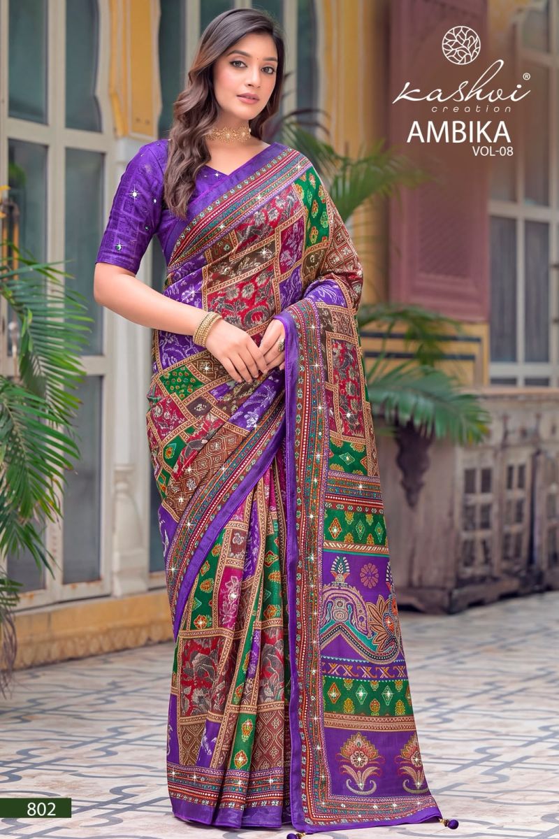 Kashvi Ambika Vol 8 Chocolate Digital Print Glass Work Saree Catalog — Festival Sarees, Kashvi Creation wholesale from Surat — view 3