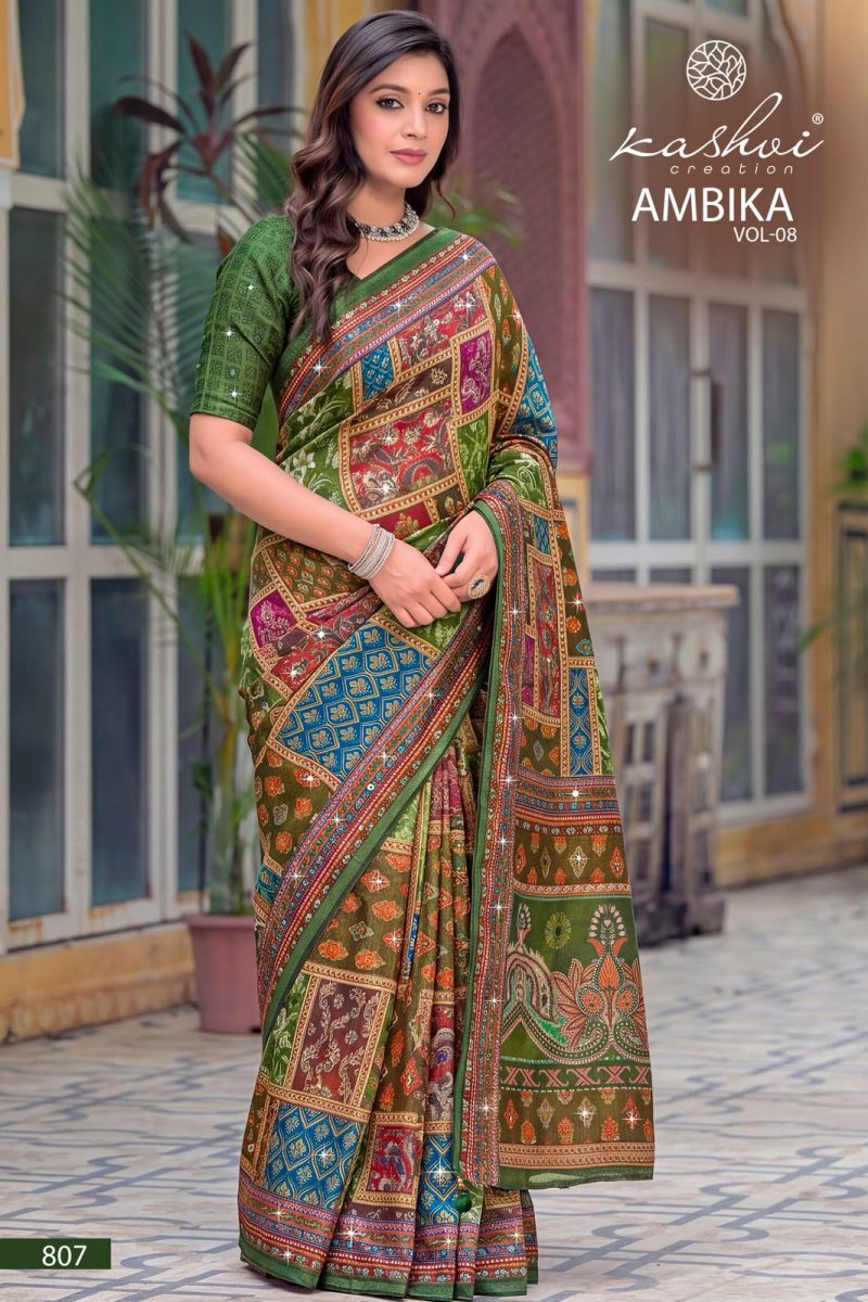 Kashvi Ambika Vol 8 Chocolate Digital Print Glass Work Saree Catalog