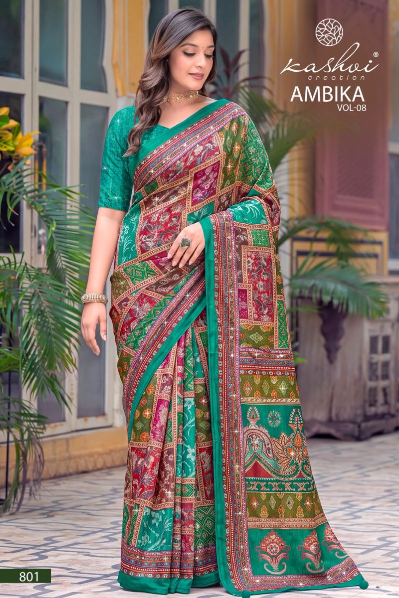 Kashvi Ambika Vol 8 Chocolate Digital Print Glass Work Saree Catalog — Festival Sarees, Kashvi Creation wholesale from Surat — view 8